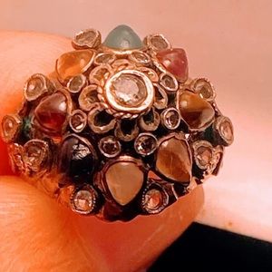 Vintage Thai Siam Princess Gold Mixed Rainbow Gemstone Ring Size 4
